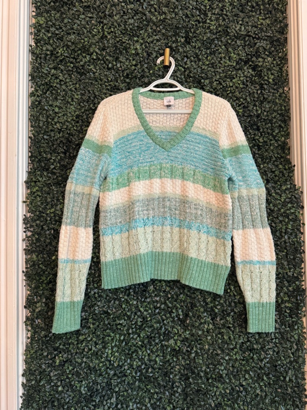 Cabi Cozy Striped V-Neck Sweater - Mint & Cream
